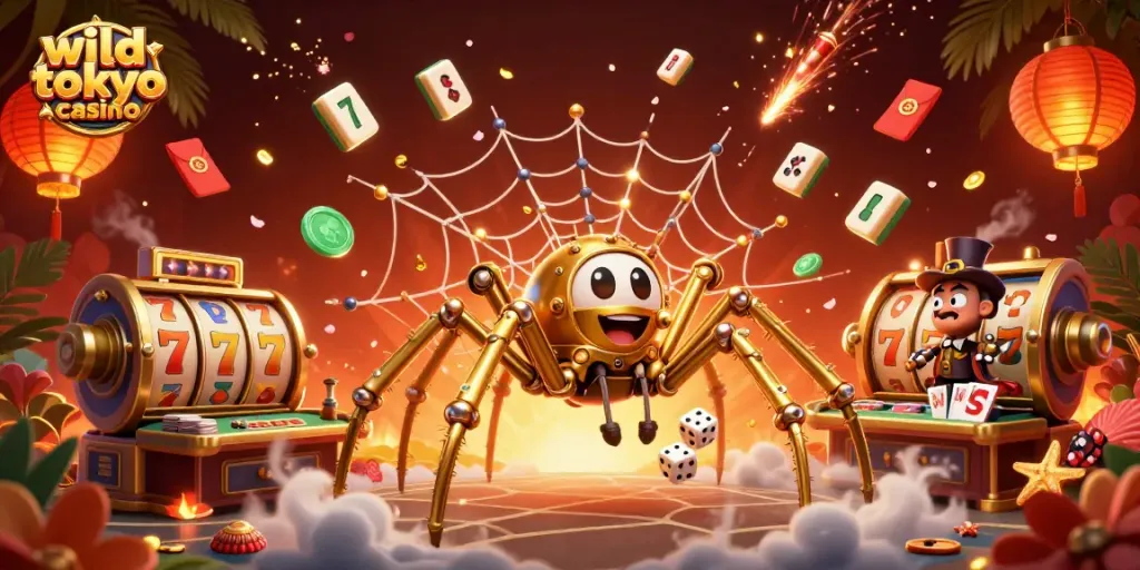 Engage with wild tokyo casino's vibrant gaming scene featuring a 3D steampunk spider catching dice.