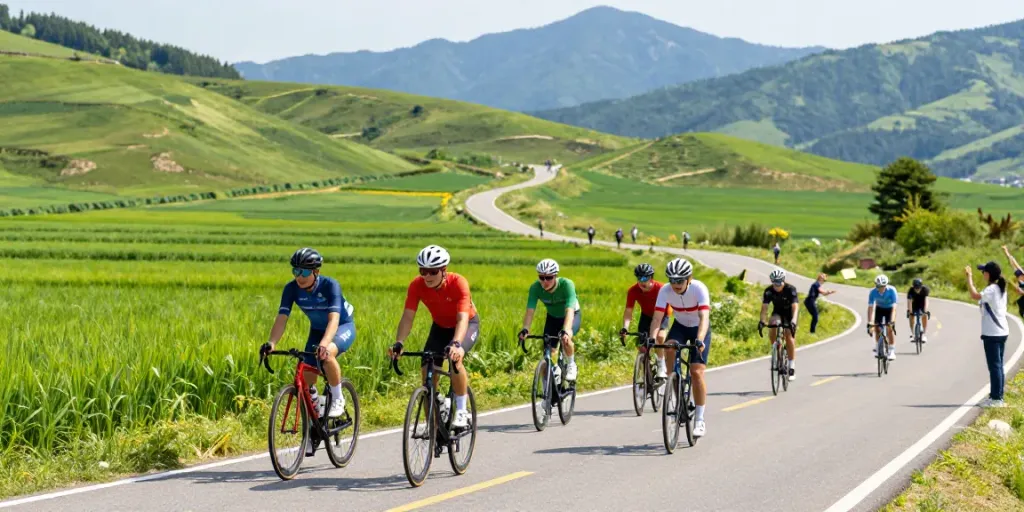 Un gruppo di ciclisti in azione durante una gara di ciclismo, immersi nella natura con campi verdi e colline, trasmettendo energia e passione per lo sport.