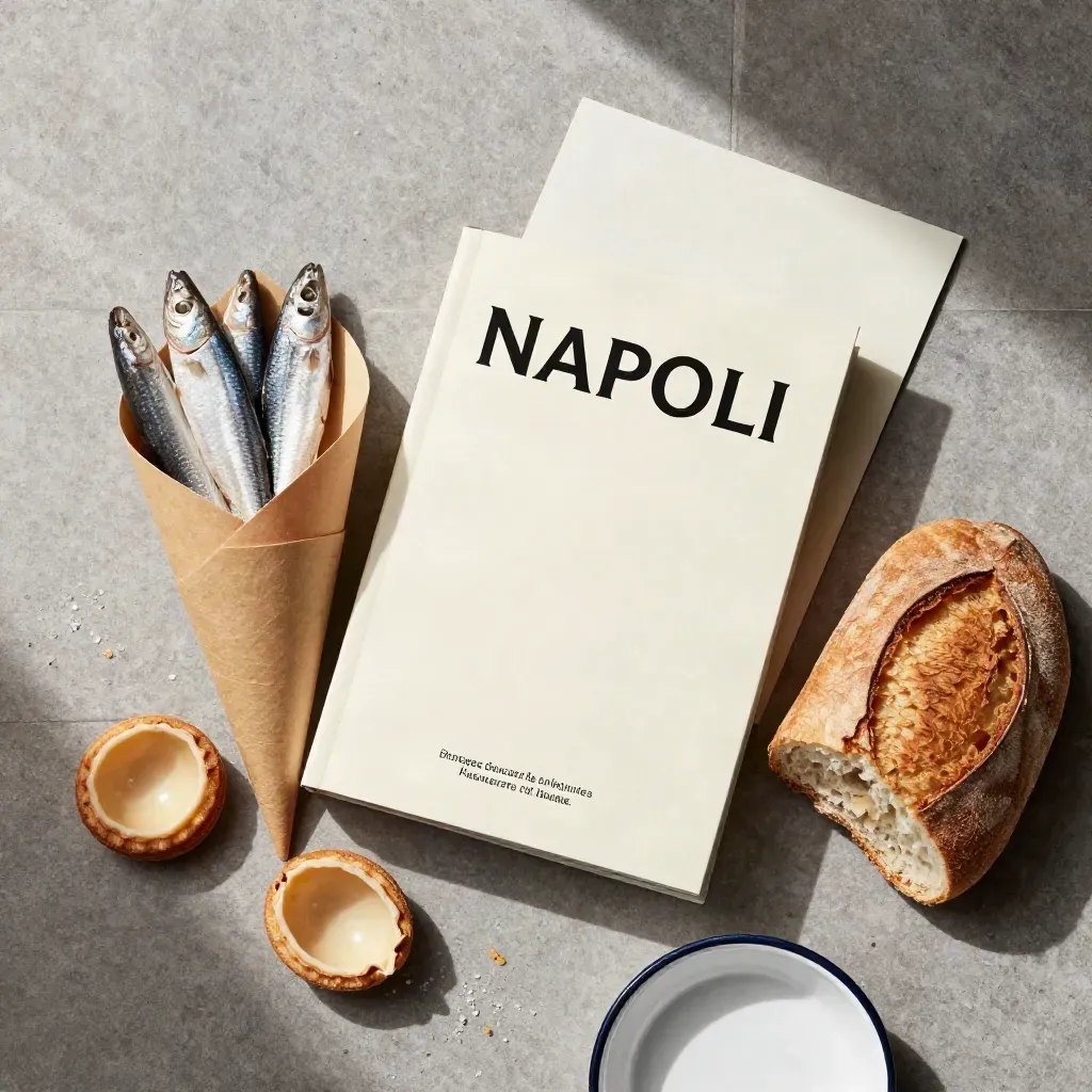 Flat lay dall’alto con guida sui mercati di Napoli, pane, pesce e sfogliatelle.
