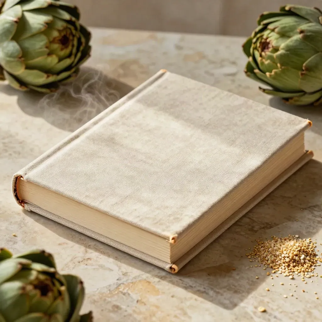 Libro di ricette tra lino piegato, foglie di carciofo e briciole di semola, luce calda dall’alto.