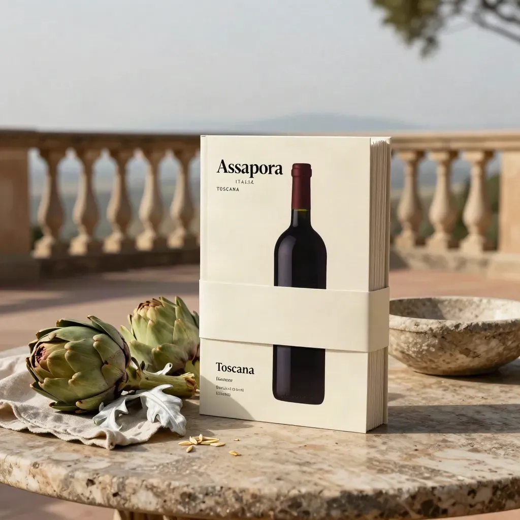 Set guida Toscana con vino, carciofi e lino su terrazza luminosa di villa.