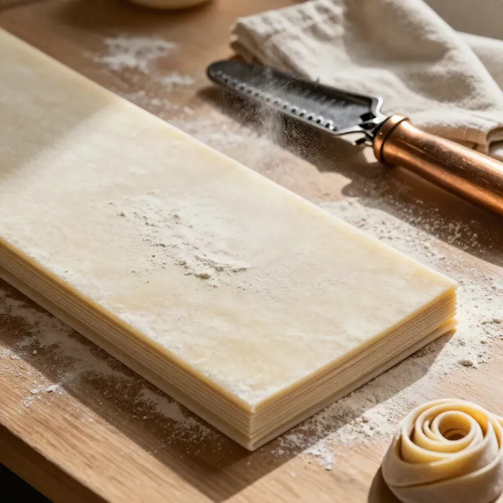 Libro guida sulla pasta fresca con semola, tagliapasta in bronzo, sfoglia e lino su fondo crema.