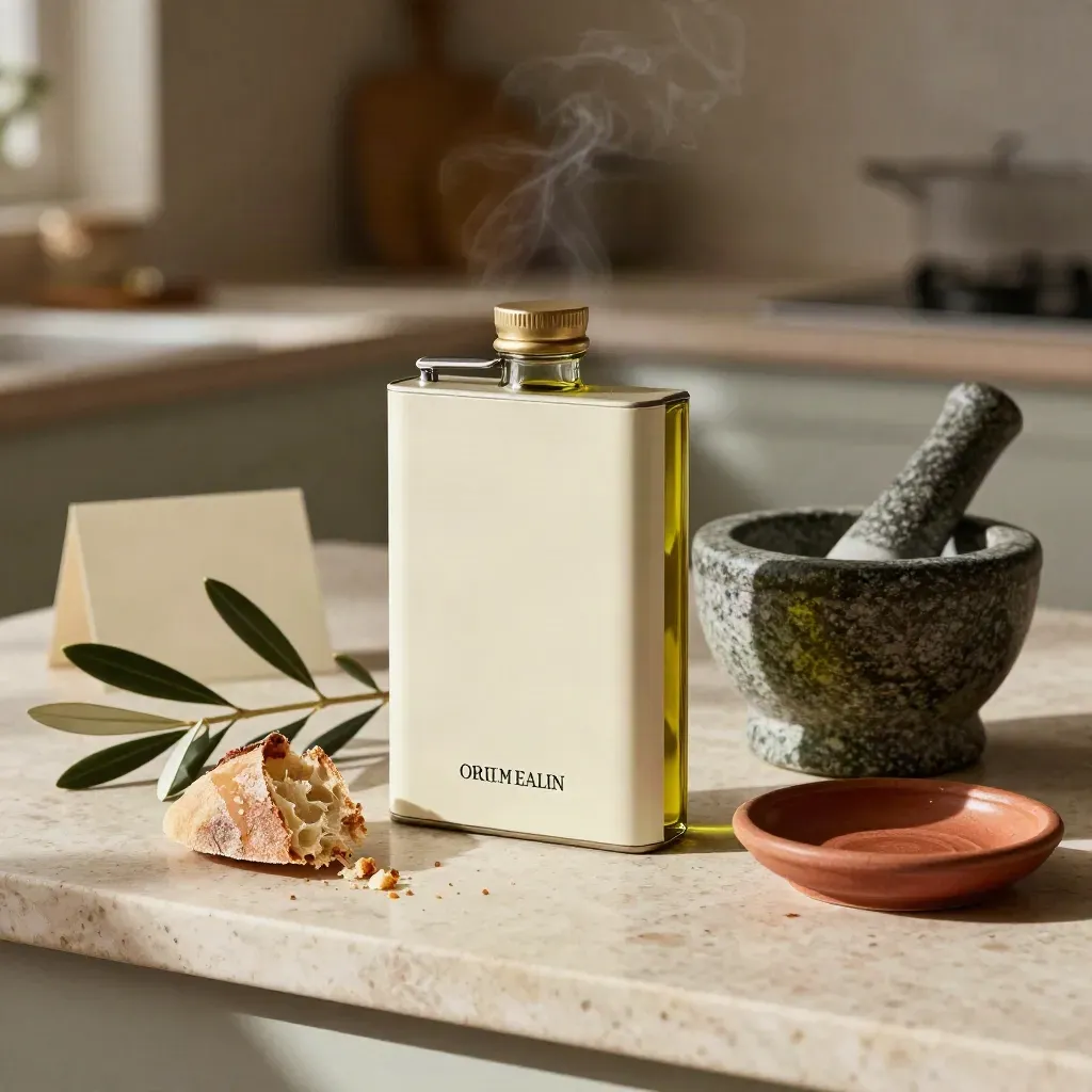 Volume sull’olio EVO toscano con oliera, ramo d’olivo, mortaio e pane su travertino caldo