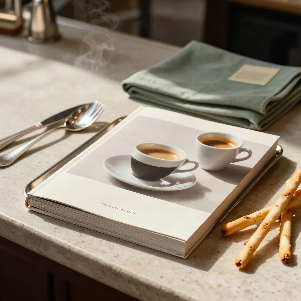 Guida di Milano alle trattorie con tazzina di espresso, grissini e vassoio d’acciaio.