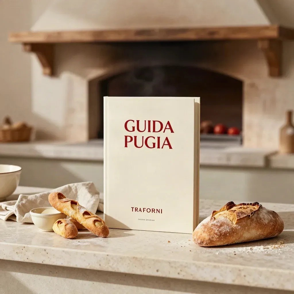 Volume guida Puglia tra forni con taralli, pane e lino su banco di travertino.