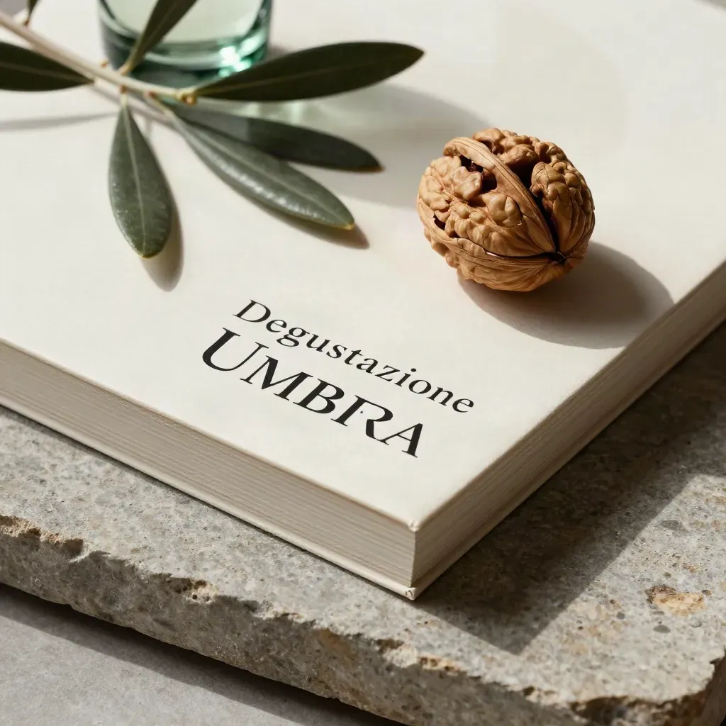 Guida Umbria su pietra con foglie d’olivo, bicchiere verde e guscio di noce.