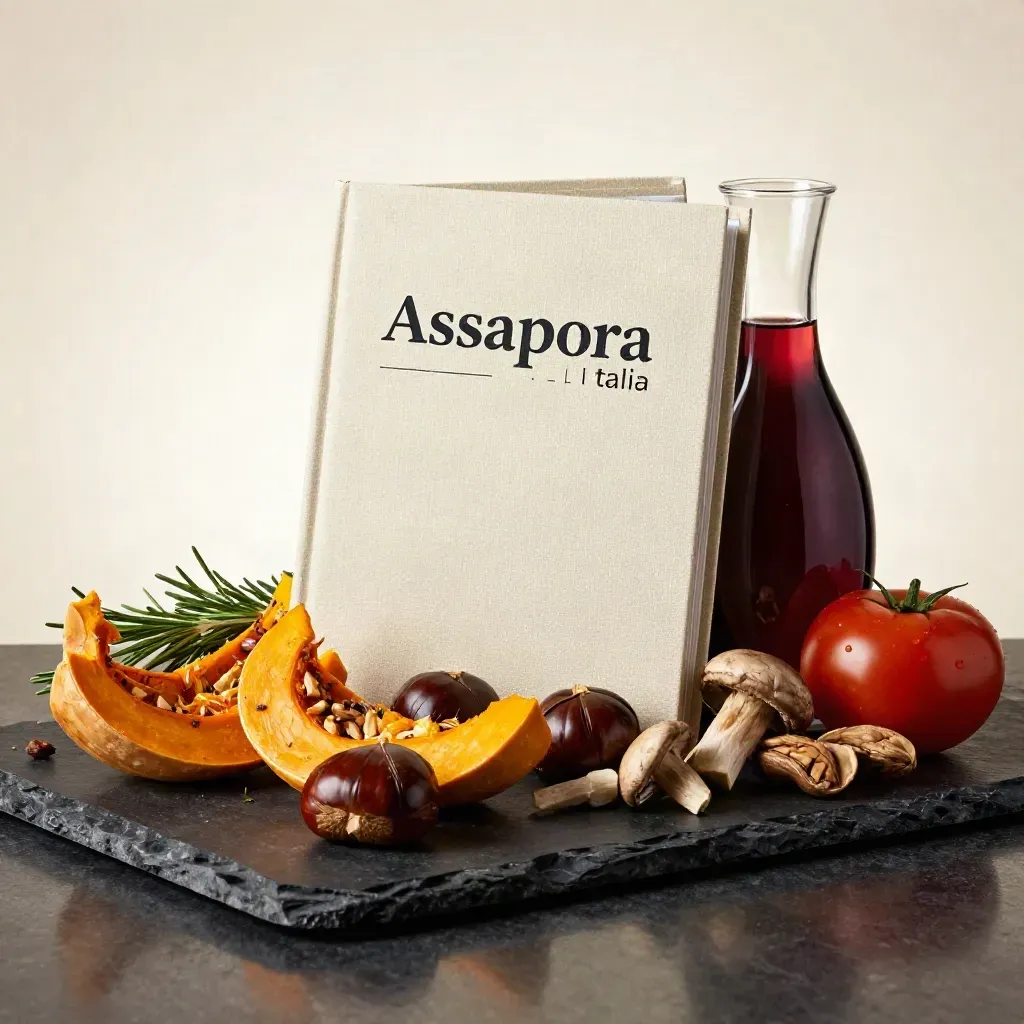Cestino autunnale con guide crema, zucca, castagne, funghi e vino rosso su sfondo scuro.