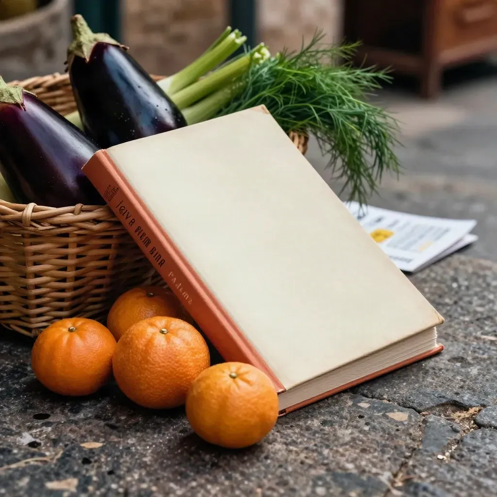 Guida di Palermo con clementine, melanzane, finocchio e cesta su pietra scura.