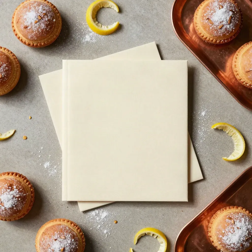 Libro guida e dolci sardi con scorza di limone, vassoio di rame e farina su pietra chiara.