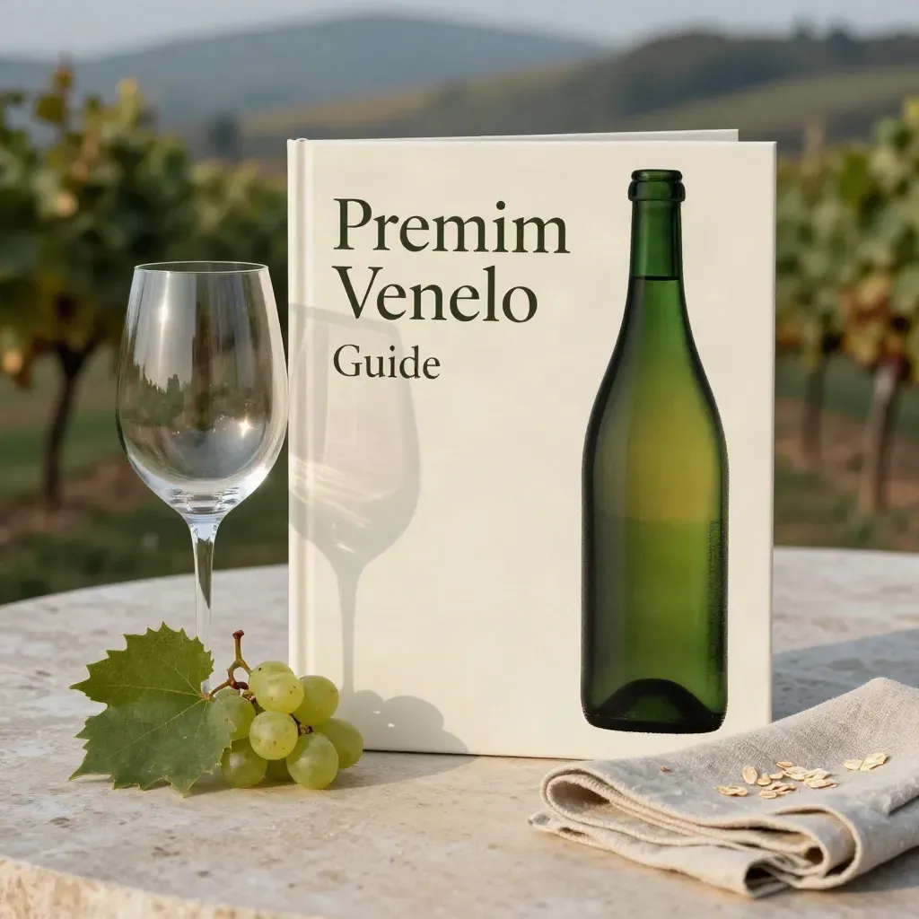 Guida Vini del Veneto con calice, bottiglia verde, foglie d’uva e lino in luce serale