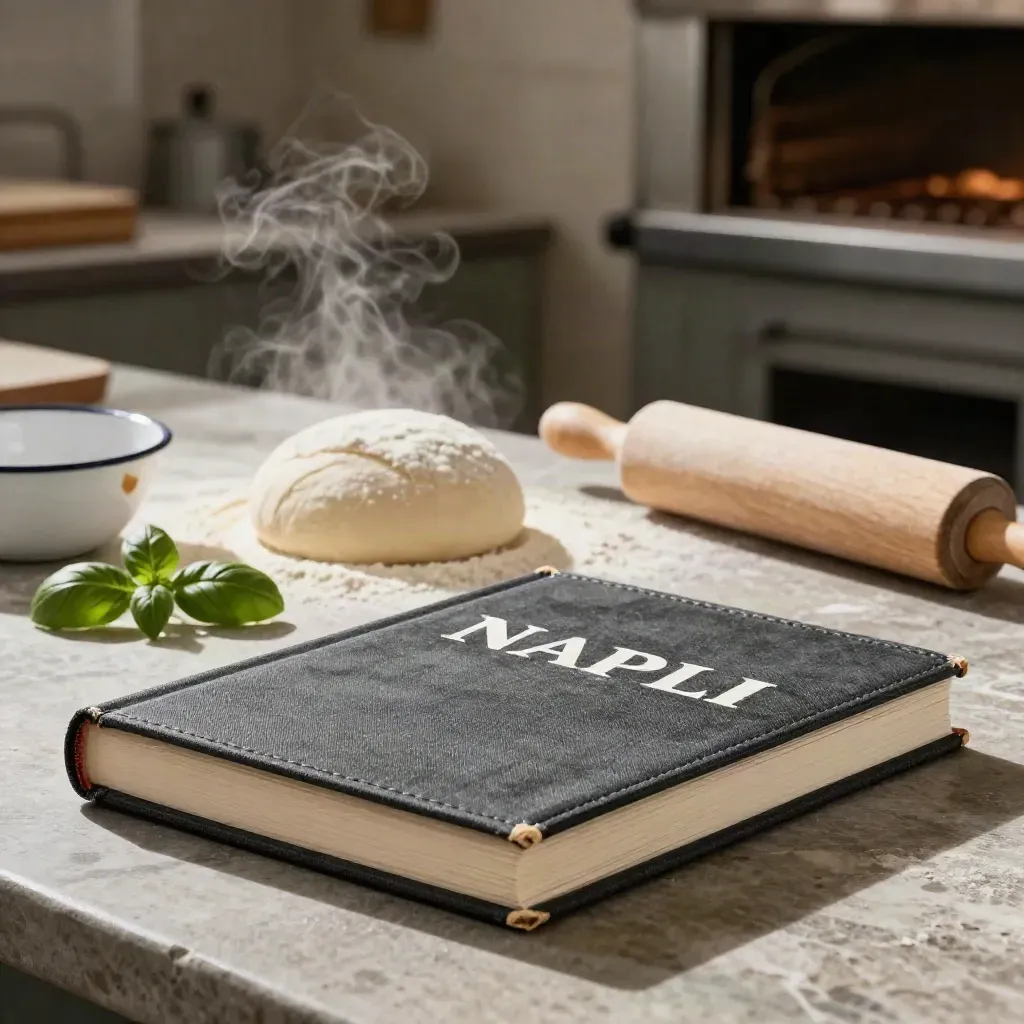 Volume guida di cucina napoletana con pasta in lievitazione, ciotola smaltata e basilico.