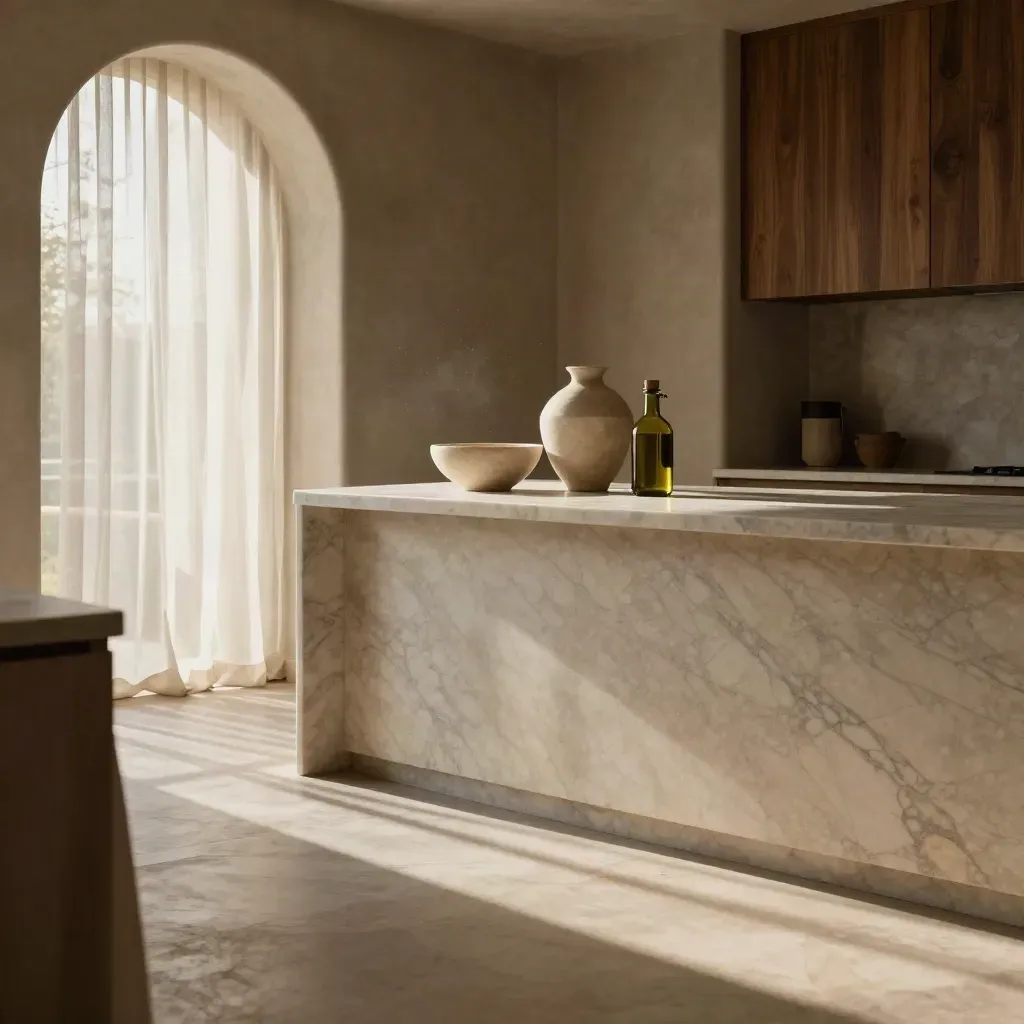 Cucina toscana luminosa con isola in marmo, tende di lino e vasi ceramici.