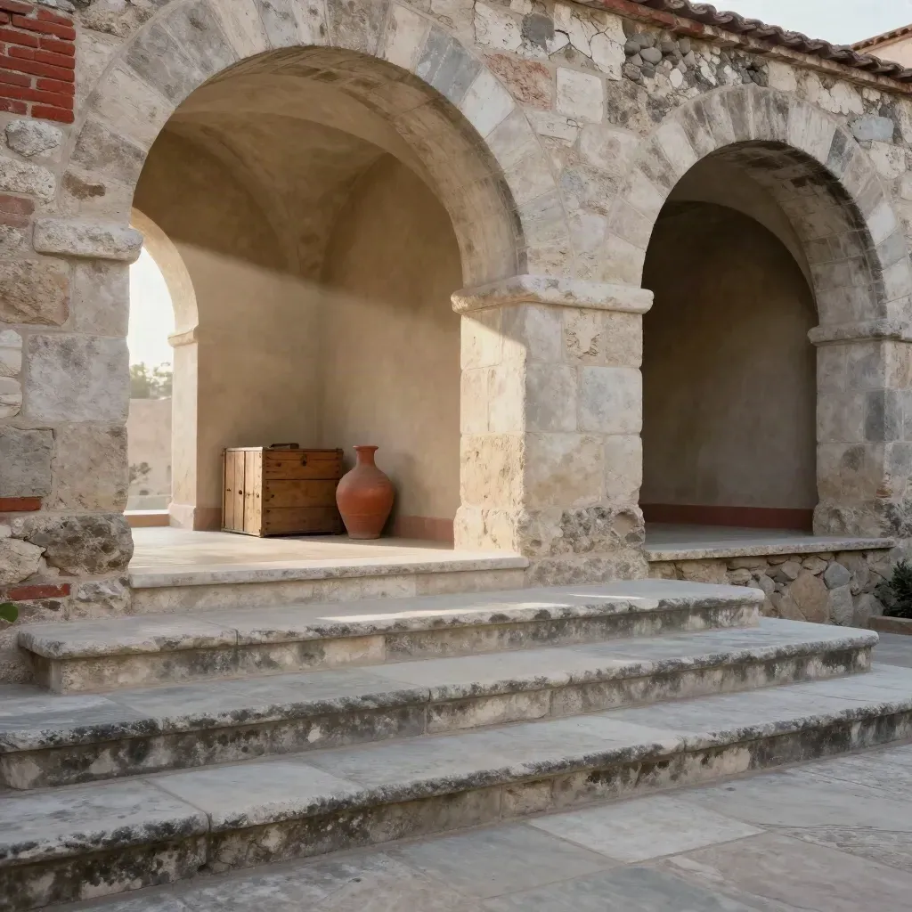 Arcata in pietra e scala di cantina illuminata dal sole, con una giara e cielo in alto.