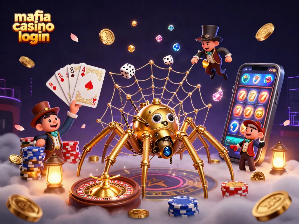 Experience the excitement of mafia casino login with a vivid 3D scene of steampunk characters and casino elements.