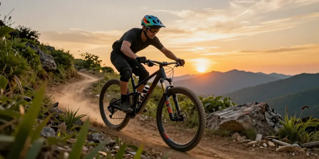 Cyclist in vibrant gear riding on a dirt trail during sunset, showcasing the thrill of ciclismo.
